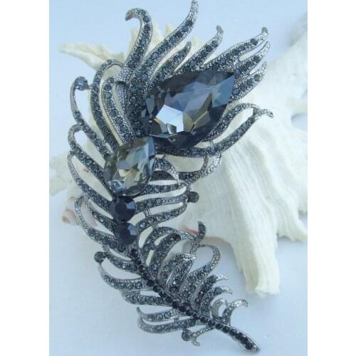 Luxury 4.33" Black Gray Rhinestone Crystal Peacock Feather Brooch Pin Pendant EE05038C5