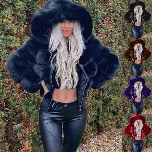 Luxury Faux Fox Fur Coat Women Short Winter Jacket with Big Fur Hood Thick Warm Overcoat Zipper Fashion Flurry Fake Fur Coats