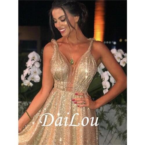 A-Line Luxurious Gold Engagement Formal Evening Dress Spaghetti Strap Sleeveless Sweep / Brush Train Stretch Satin Sequined 2021