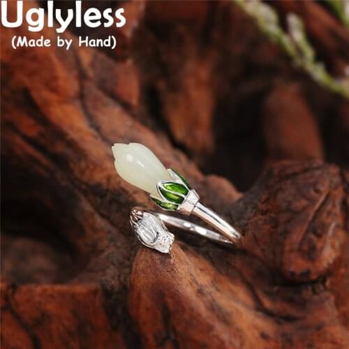 Uglyless 100% Natural Jade Magnolia Rings for Women Vintage Enamel Green Floral Rings Real 925 Silver Elegant Lady Dress Jewelry