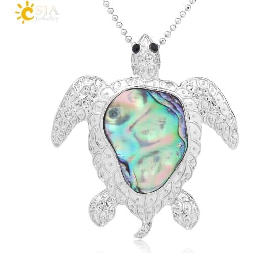 CSJA Natural Abalone Shell Animal Sea Turtle Pendant Colorful Paua Seashell Necklace for Women Silver Color Fashion Jewelry F941