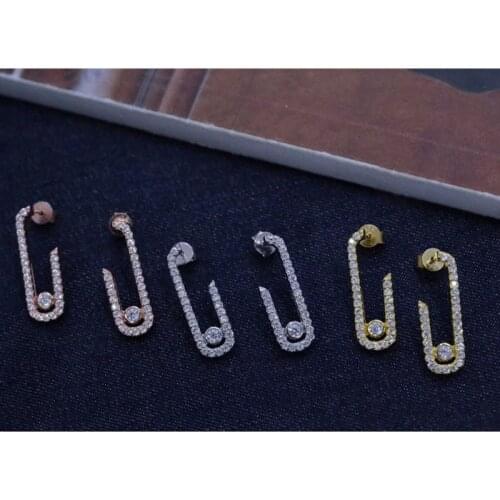 SLJELY Fashion 925 Sterling Silver Safety Pin Shape Earrings with Full Micro Cubic Zirconia Stones for Women Jewelry Addiction