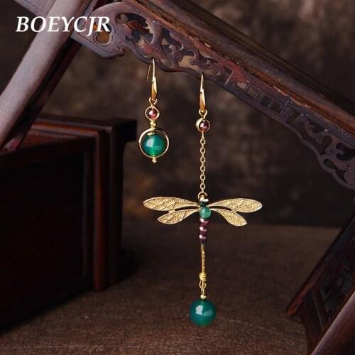 BOEYCJR Ethnic Vintage Dragonfly Stone Bead Asymmetric Dangle Earrings Fashion Jewelry Drop Hook Earrings For Women Gift