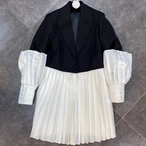 French style vintage elagant lantern sleeve blazer women black white stitching ol pleated small suit