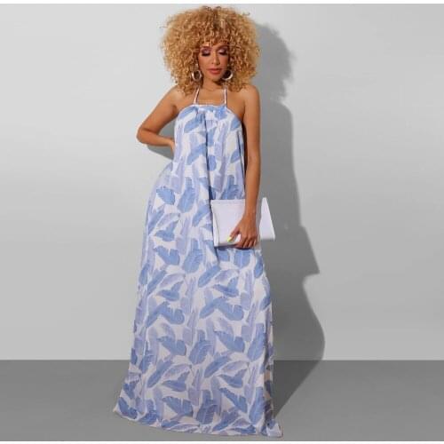 Women Summer Leaves Print Halt Long Maxi Dress Women Sexy Backless dresses with pocket
