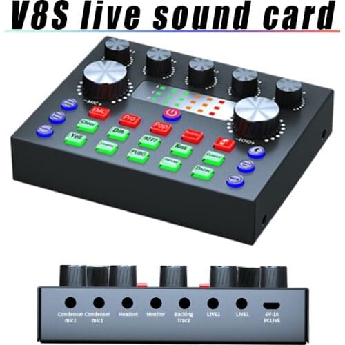 V8S Live Sound Card Audio Mixer USB External Sound Card Mobile Phone Live Voice Changer Professional Karaoke Studio Recording