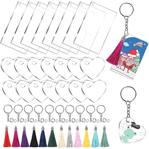 Acrylic Keychain Blank Acrylic Transparent Ornament Pendants and Rectangle Keychain Tassels Jump Rings Set for DIY Craft