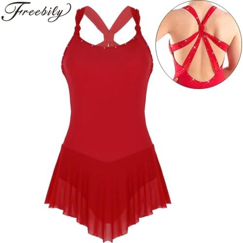Sleeveless Criss-cross Back Shiny Rhinestones Women Figure Ice Skating Dress Adult Ballet Gymnastics Leotard Dance Costumes