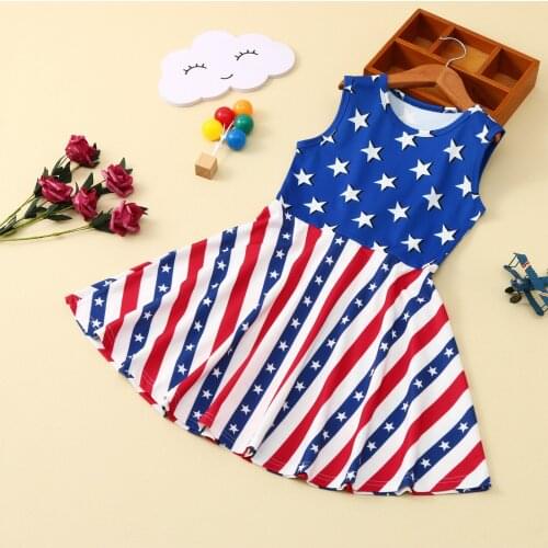 Baby Kids Dress Summer Toddler Baby Girls 4th-of-July Sleeveless Stars Striped Printed Princess Dress Holiday Party Dreeses