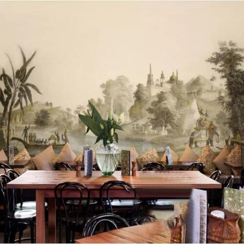 Custom Photo Wallpaper European Style Retro Hand-painted Southeast Asian Pastoral Castle Elephant Mural Living Room TV Wallpaper