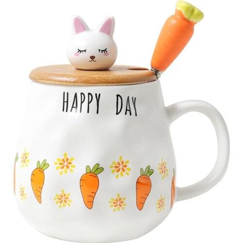Hot sale cartoon radish rabbit wooden lid ceramic cup female cute with spoon water cup mug home student couple cup