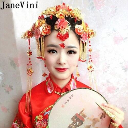 JaneVini 2018 Chinese Wedding Bride Costume Crown Headband Hair Dress HairPin Flowers Headdress Set Jewelry Red Hair Accessories