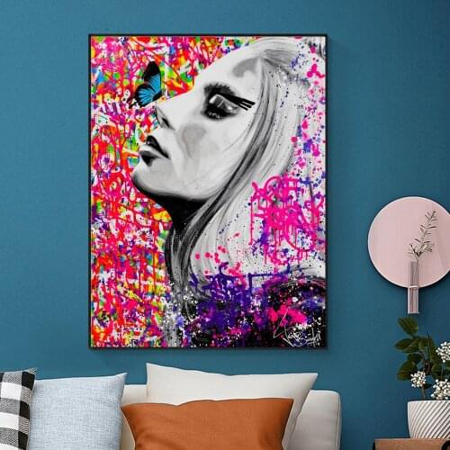 Graffiti Portrait Art Canvas Painting Posters and Prints Wall Art Colorful Woman with Butterfly Picture for Room Wall Decor