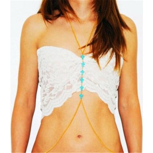 Fashion Sideways Cross Stone Chain Necklace For Women Sexy Gold Color Bodychain Female Bikini Jewelry Woman Party Gifts