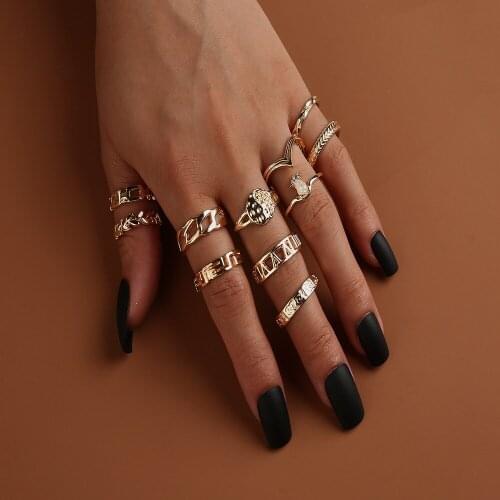 Fashion Hyperbole Copper Alloy Stainless Steel Jewelry Exaggerated Geometry Cocktail Ring Set 11 Pieces For Women Made In China