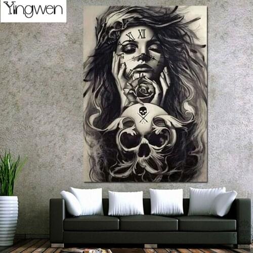 Skeleton Clock Rose Woman 5D Diamond Painting Kits DIY Full Diamond Art Number Kits Cross Stitch Embroidery Halloween Home Decor