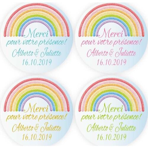DouxArt 100 Pieces Stickers Personalized Wedding Merci de votre presence, 4CM Rainbow Marriage Communion Baptism Labels Seals