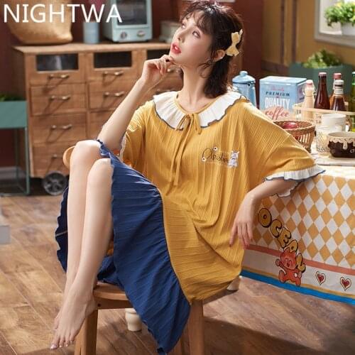 NIGHTWA Korean Pyjamas Women Summer Nightgowns Girls Princess Night Dress Cotton Nightdress Short Sleeves Plus Size Home Clothes