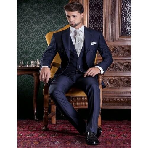 New Style Groomsmen Notch Lapel Groom Tuxedos Navy Blue Men Suits Wedding Best Man Blazer (Jacket+Pants+Tie+Vest) B935