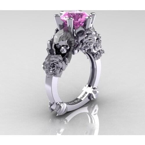 New Dainty Punk Pink Zircon Skull Flower Rings For Women Trendy Silver Color Female Jewelry Party Accessories Birthday Gifts