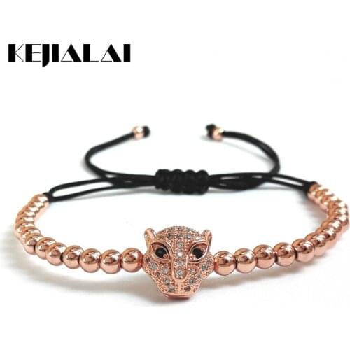 Brand New Men Bracelet,4mm Rose Gold Round Copper Beads & Leopard Head Braiding Macrame European American Weaving Bracelets,Gift