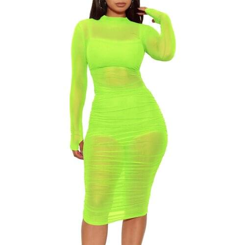 Sexy Sheer Mesh See-through Night Club Dresses for Women Long Sleeve Knee-length Christmas Bodycon Party Dress with Underwear