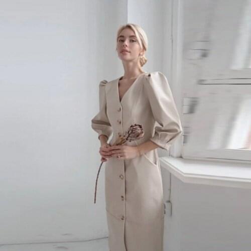 Muiches Pu Leather Pencil Dress Women Dresses V-Neck Lantern Sleeve Single Breasted Autumn Midi Dress Elegant Fashion 2021