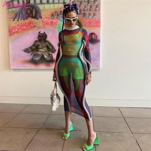 Adogirl Foam Vine Body Print Sheer Mesh Midi Dress y2k Turtleneck Long Sleeve Bodycon Night Club Party Robe Autumn Attirewear