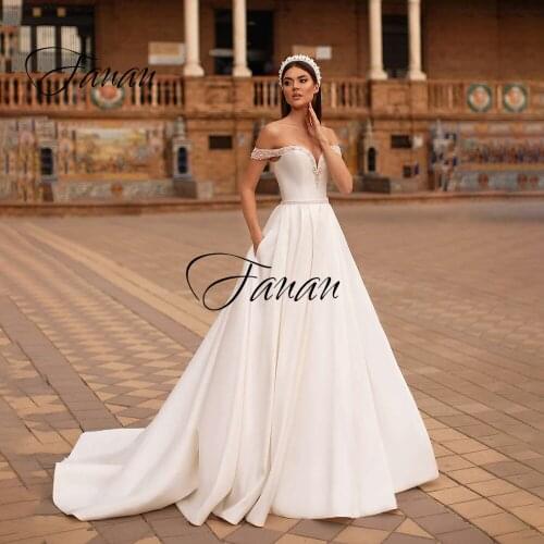 Simple V-Neck Off-The Shoulder Wedding Dress A-Line Backless Beading Glittery Bridal Gown robe de soirée de mariage платье