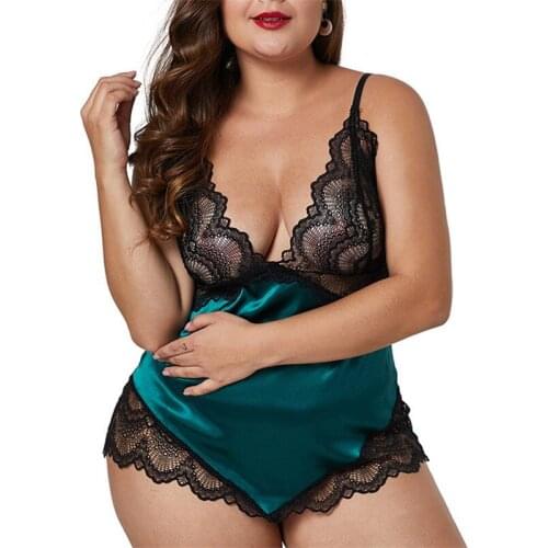 Sexy Oversize XL-5XL Charming Night Dress Women V-Neck Sheer Lace Patchwork Satin Nightgown Mini Spaghetti Strap Sleepwear Dress