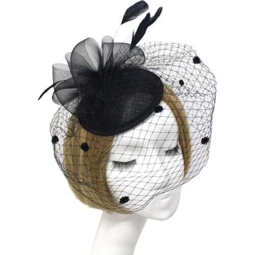 Bridal Fish Net Face Veil Feather Fascinator Hair Clip Party Headpiece Black