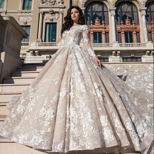 Vestido De Noiva Long Sleeve Ball Gown Wedding Dress Hand Made Flowers Vintage Abito Da Sposa Sequined Beading Hochzeitskleid