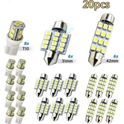 20Pcs Car Interior Light Bulbs LED T10/31mm/42mm Dome Map Lamp Door License Plate Lights Bulbs White 6000K Super Bright Reading