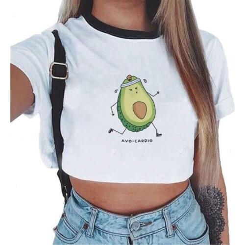 Harajuku Kawaii Cute Cartoon Vegan Avocado Print Korean Fashion Friends Crop Top Women Tshirt Casual Vegan Tee Shirt Femme