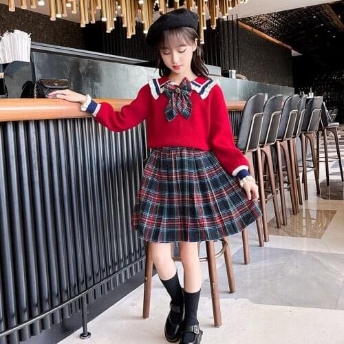 Girls Spring And Autumn Fashion Suit With Bow Tie Lapel Red Sweater And Pleated Plaid Skirt 2-piece Set Of Girls Uniform 5-12 Y