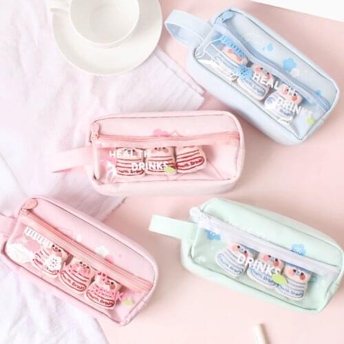 Large Capacity Cute Pencil Pouch Canvas Cosmetic Bag Multi-function Stationery Storage Bag