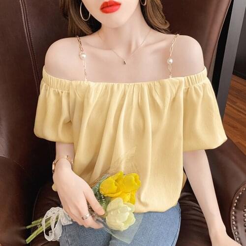 Blusas Mujer De Moda 2021 Sexy Off Shoulder One Neck Solid Bubble Sleeve Top Blouses for Women Beading Sleeveless Chiffon 0983