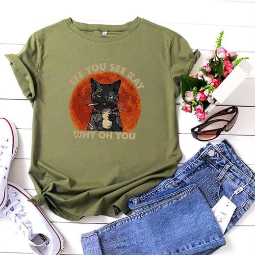 Why Oh You Cat Print T-shirts Women Summer Short Sleeve O-neck Cotton Tshirt Women Loose Camiseta Mujer Casual Tee Shirt Femme