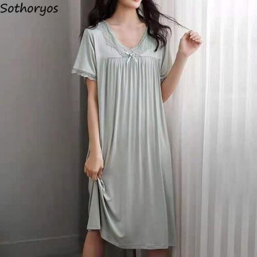 Women Solid Sleepshirts Cozy Lace Gentle Short Sleeve Large Size M-5XL Females Nightgowns High Quality Home Leisure Ulzzang Chic