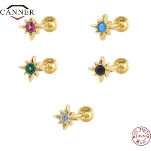 CANNER Real Small Colored Zircon Stud Earrings for Women 925 Sterling Silver Piercing Cartilage Earings Silver 925 Fine Jewelry