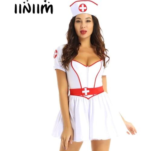 Womens Adults Naughty Nurse Costume Halloween Party Outfit Sweetheart Neckline Short Sleeves Tutu Dress with Headband and Belt