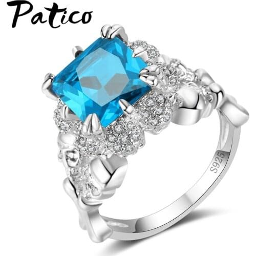 Rings for Women 925 Sterling Silver Blue Square Jewelry Romantic Crystal Cubic Zirconia Ring Bridal Wedding Engagement