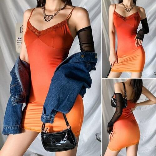 Women Summer Sexy Clubwear Gradient Print V-Neck Slim Mini Suspender Dress
