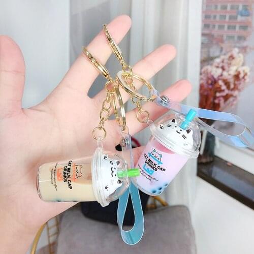 2020 Cute Creative Milk Tea Cup Kitty Keychain Liquid Crystal Quicksand Waistband Key Ring Car Bag Pendant for Women Bag D570