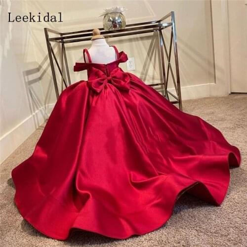 Red Ball Gown Cheap Flower Girls Dress For Wedding Off Shoulder Satin Knit Toddlers Kids Christmas Communion Birthday Party Gown