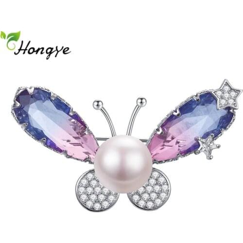 Hongye New Fashion Butterfly Natural Pearl Female Brooches Zircon 925 Silver Sweater Dress Pins Jewelry Party Wedding Accesso