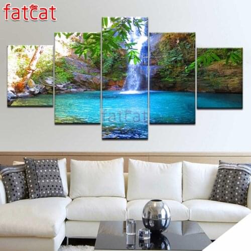 FATCAT Waterfall lake scenery 5 Piece Diy Diamond Painting Full Square Round Mosaic Embroidery Sale Home Decoration AE2466