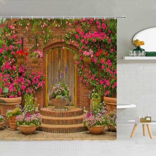 Stone Brick Wall Flower Shower Curtain Set Color Balloon Window Polyester Fabric High Quality Bath Screen With Hook 3D Printing