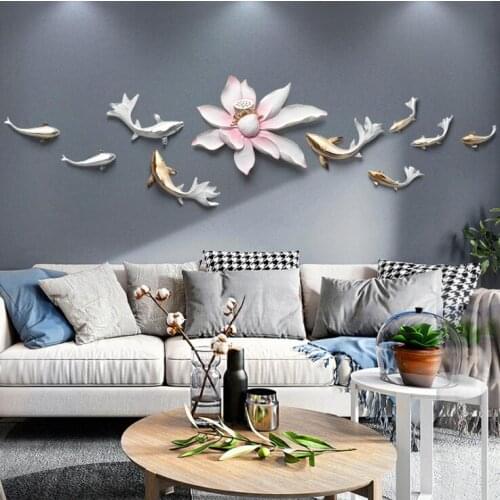 Chinese Luxury Wall Hanging Resin Fish Group Home Livingroom Sofa Background Wall Sticker Flowers Crafts Hotel Wall Mural Crafts