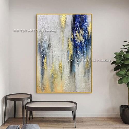 The Hot Sales Art Hand Painted Oil Paintings Foil Gold on Canvas Abstract Mural Painting Wall Picture for Office Blue Decor